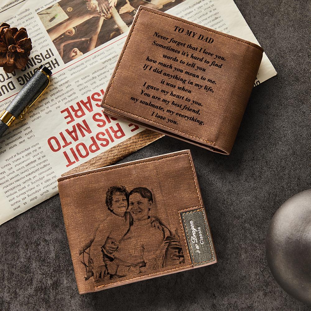 Personalised photo engraved leather bifold wallet — front view showing custom photo and engraved name, perfect personalised gift for Dad or brother
