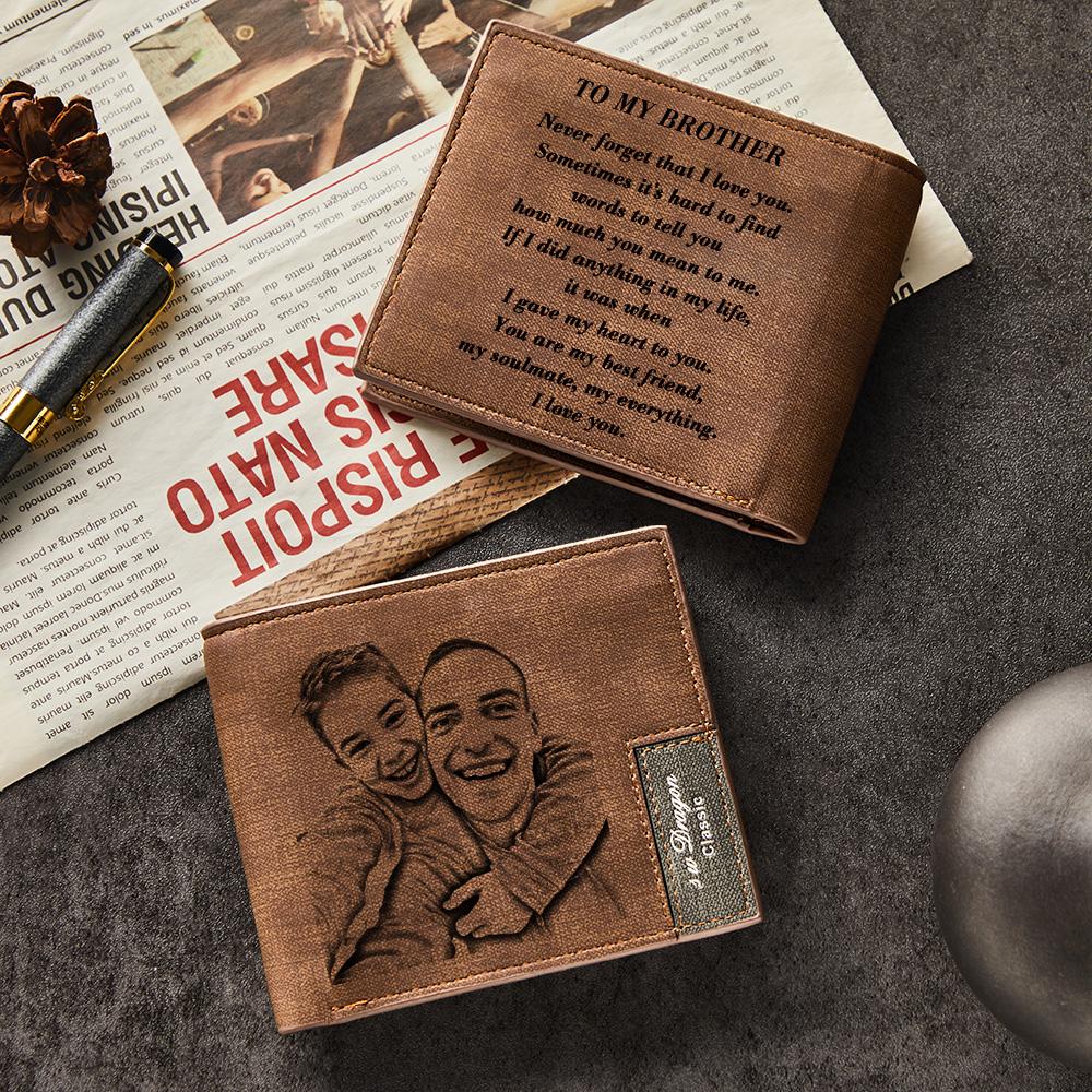 Open personalised leather wallet showing interior card slots and clear ID window — practical photo engraved gift for him
