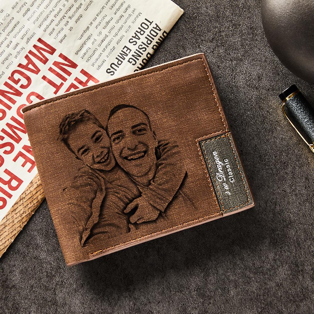 Angled view of personalised photo engraved leather wallet showing custom image and engraved inscription — timeless keepsake gift