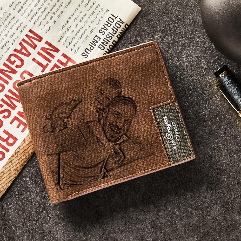 Interior detail of personalised bifold wallet showing multiple card slots and hidden pockets with clear ID window
