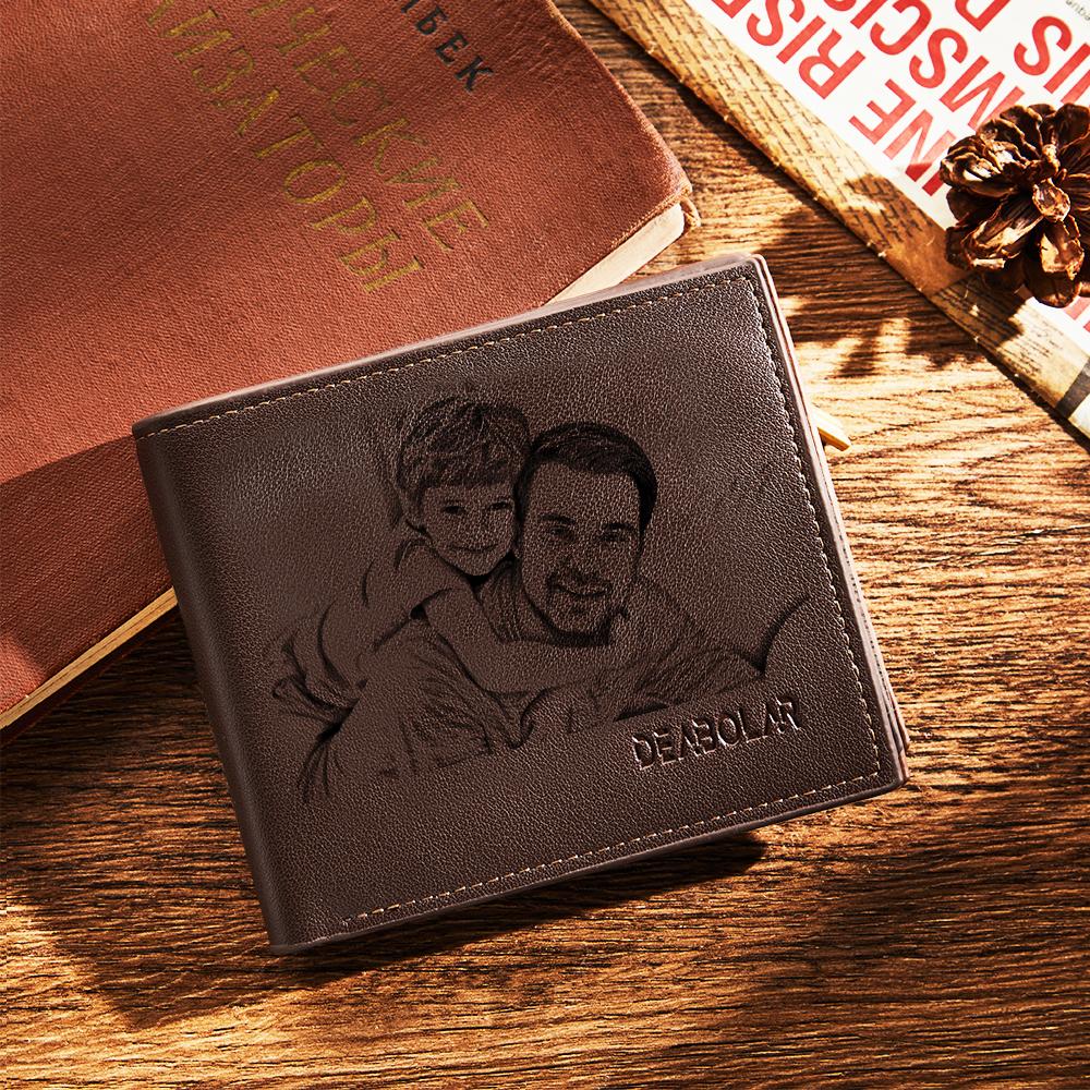 Slim personalised leather wallet fitting easily into trouser pocket — compact everyday carry and thoughtful photo gift