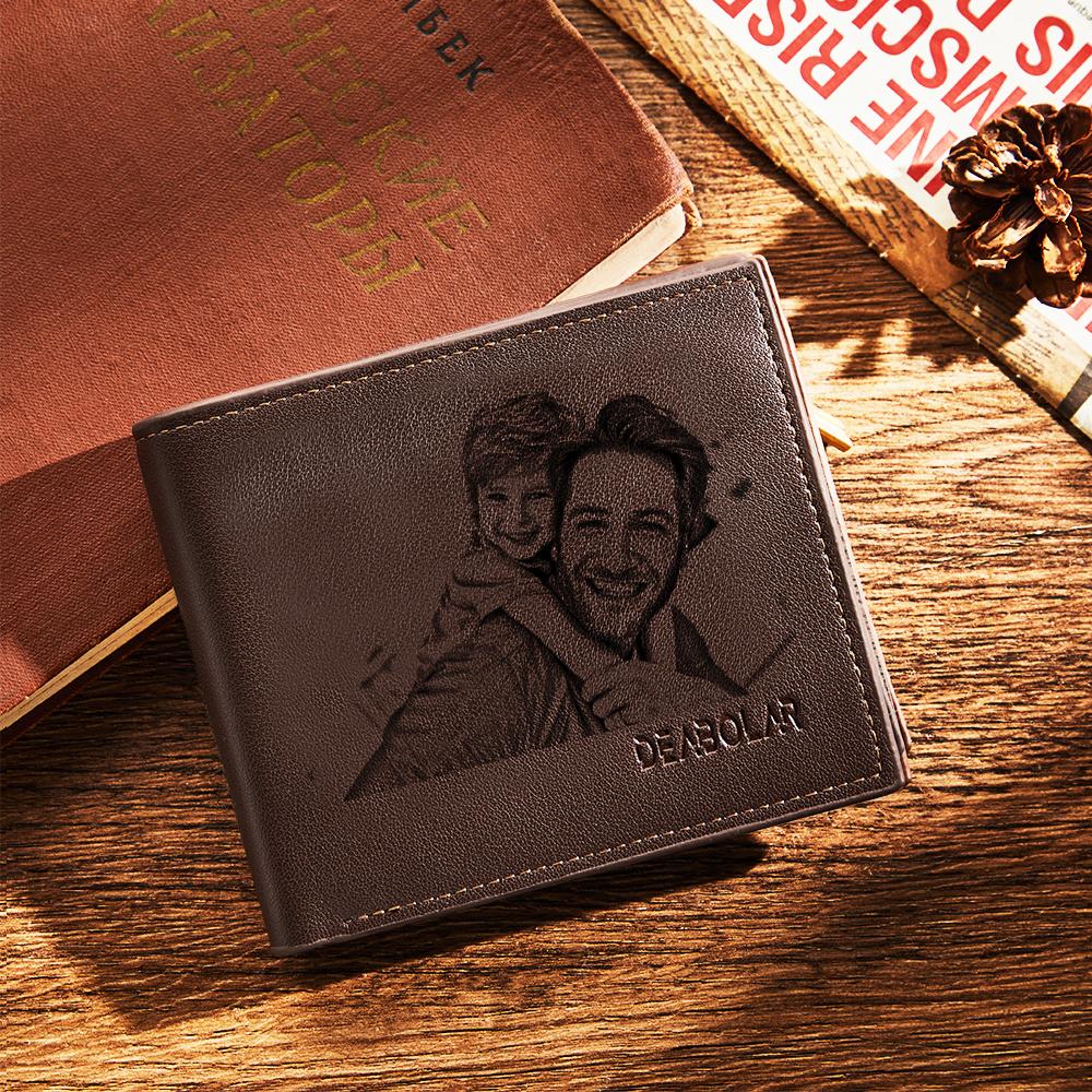Spacious personalised bifold wallet interior with numerous card slots and clear ID window — practical engraved gift for him