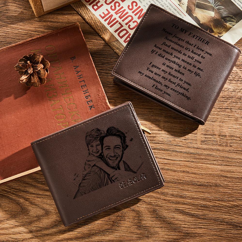 Spacious personalised bifold wallet interior with numerous card slots and clear ID window — practical engraved gift for him