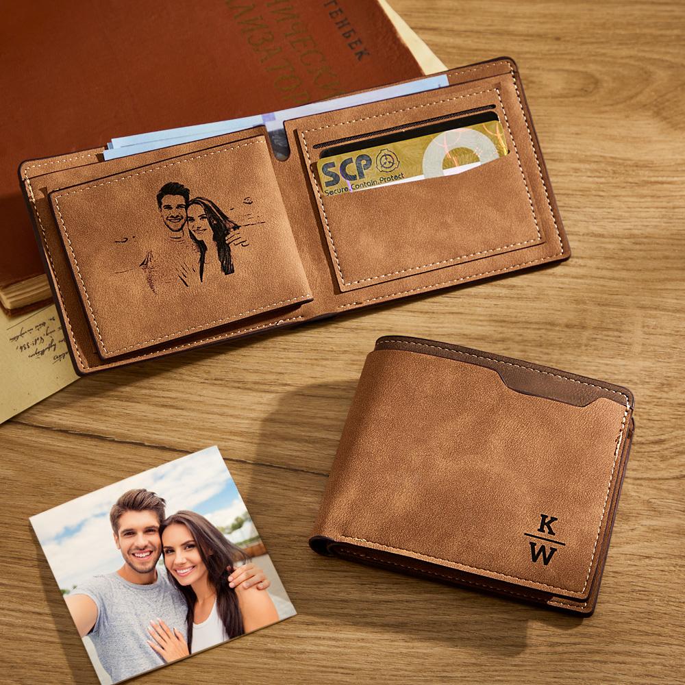 Close-up of high-quality PU leather texture and precise custom engraving of a name on a personalised unisex wallet