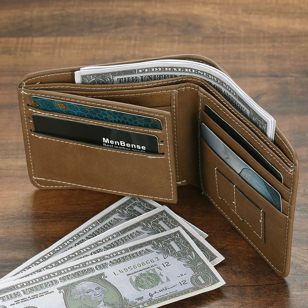 Multiple angled views of a personalised grey bifold wallet showcasing the custom photo exterior and classic men's wallet design