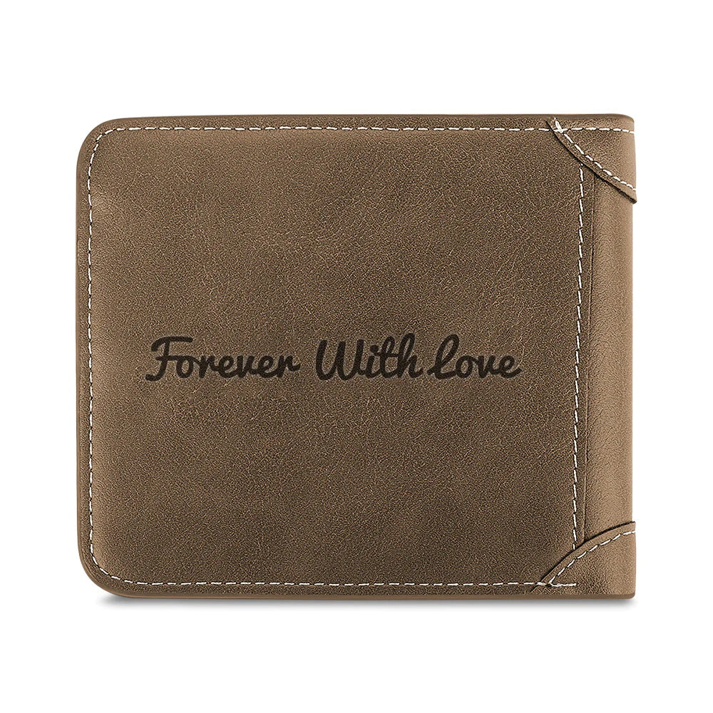 Grey personalised bifold wallet with landscape photo printed on the front, a meaningful custom photo wallet keeps loved ones close