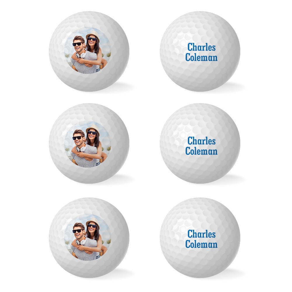 Close-up of a personalised golf ball with a printed photo and name — crisp, durable print on a custom golf ball, perfect for gifts and novelty tournaments