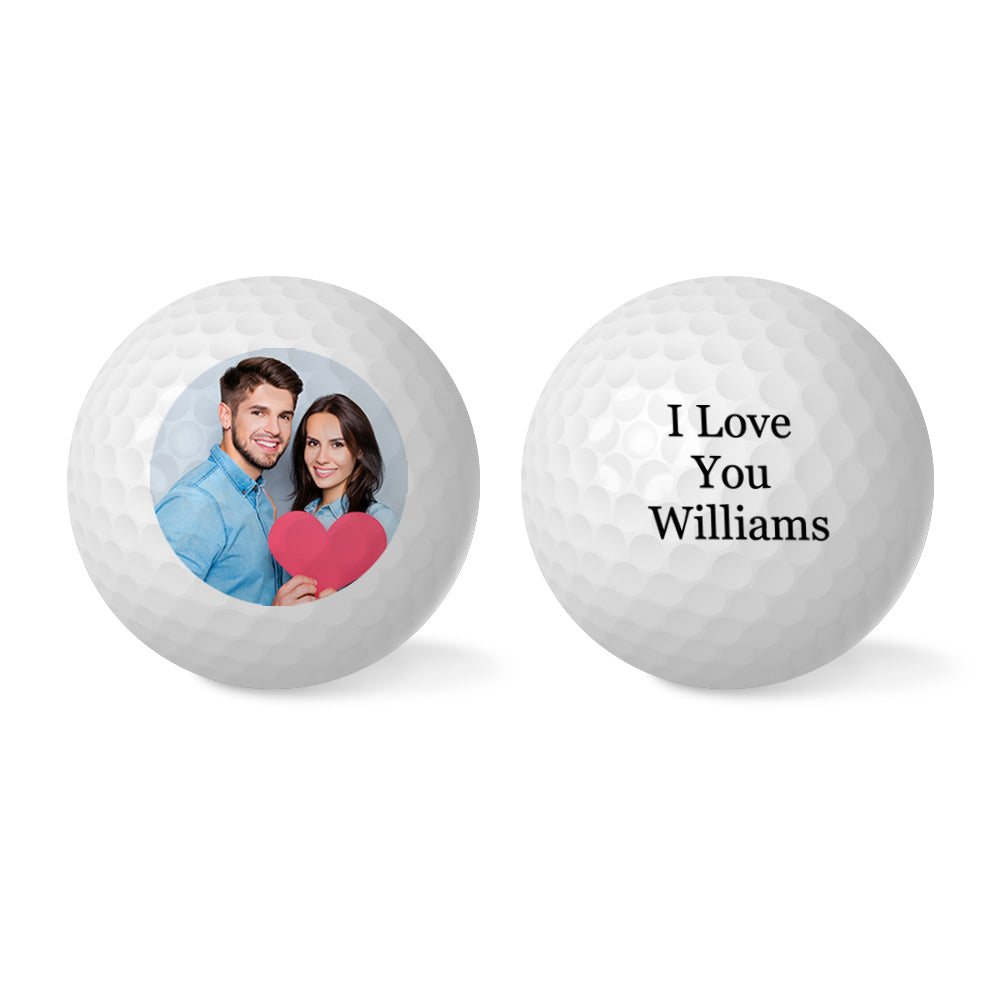Close‑up of personalised golf ball showing high‑resolution photo print and clear personalised text, ideal personalised golf accessory