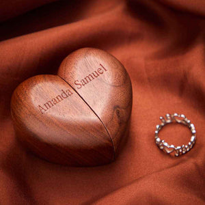 Personalized Heart-Shaped Engraved Ring Box Wooden Double Rings Wedding Ring Holder
