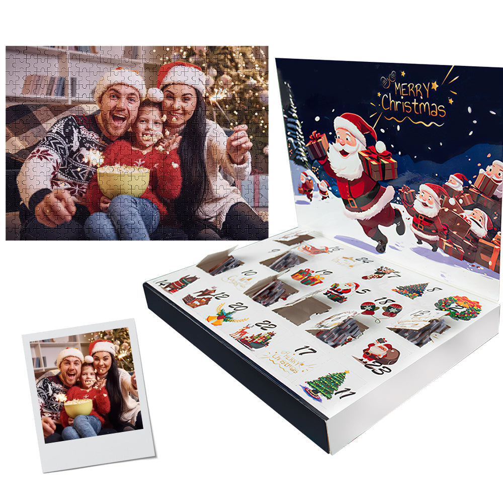 Personalised photo Advent calendar jigsaw puzzle front view — custom Christmas countdown in 24 mini puzzles, perfect family gift