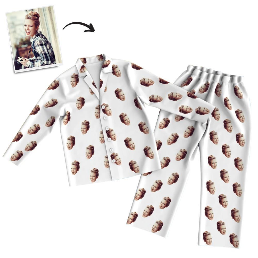 Personalised Face Colourful Pyjamas unisex long‑sleeve set — full front view with custom face photo print on lightweight polyester, oversized relaxed fit, elasticated waist, machine washable