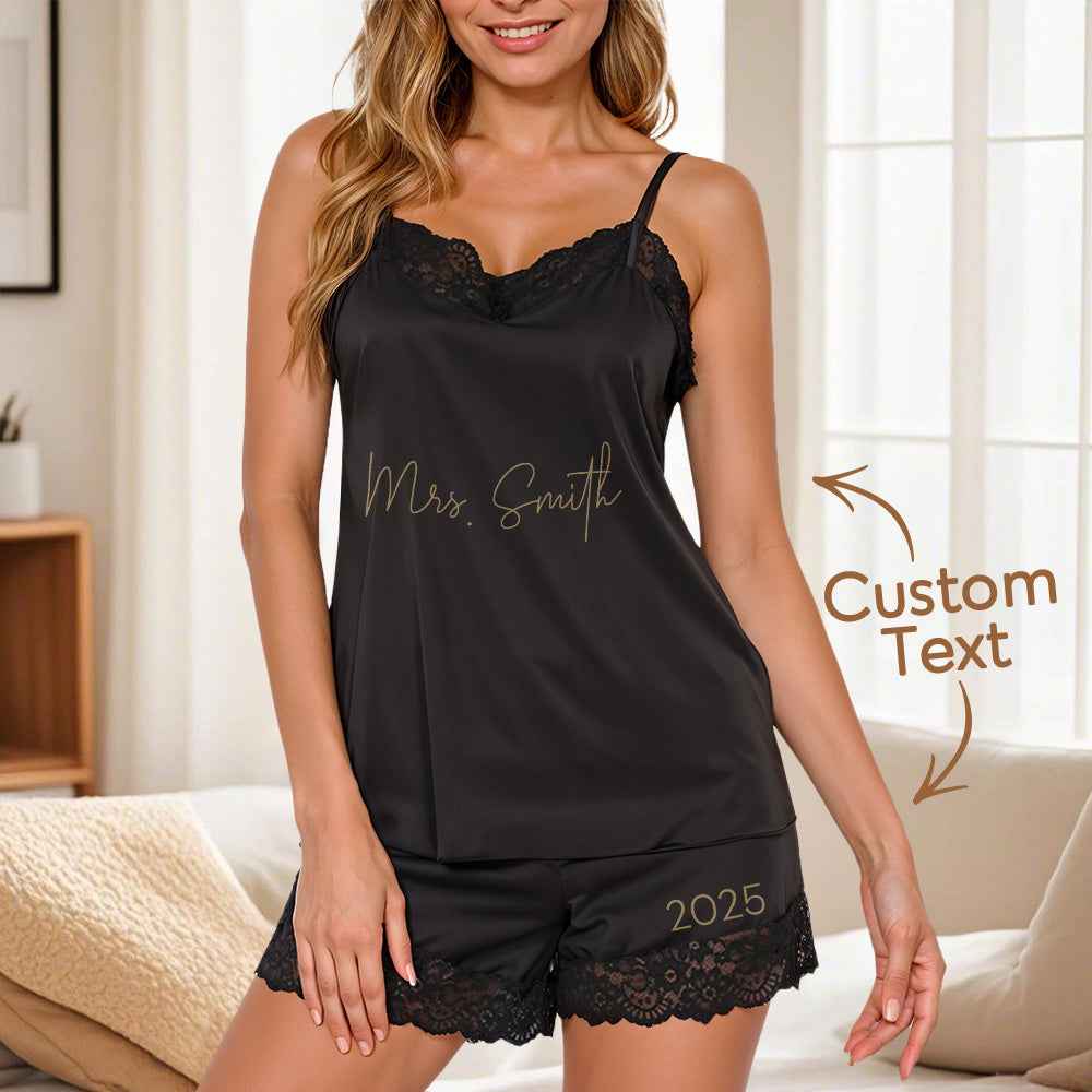 Personalized Lace Lingerie Camisole Pajamas Outfit with Text and Date Honeymoon Wedding for Bride