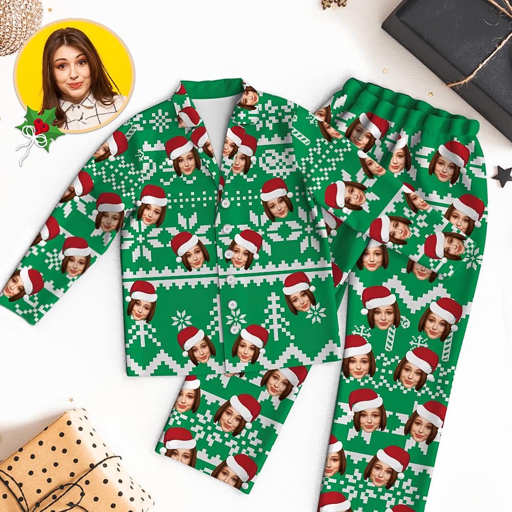 Custom Face Christmas Pyjamas close‑up (Variant A) – high‑definition personalised face print on soft modal panel, vivid heat‑transfer colours