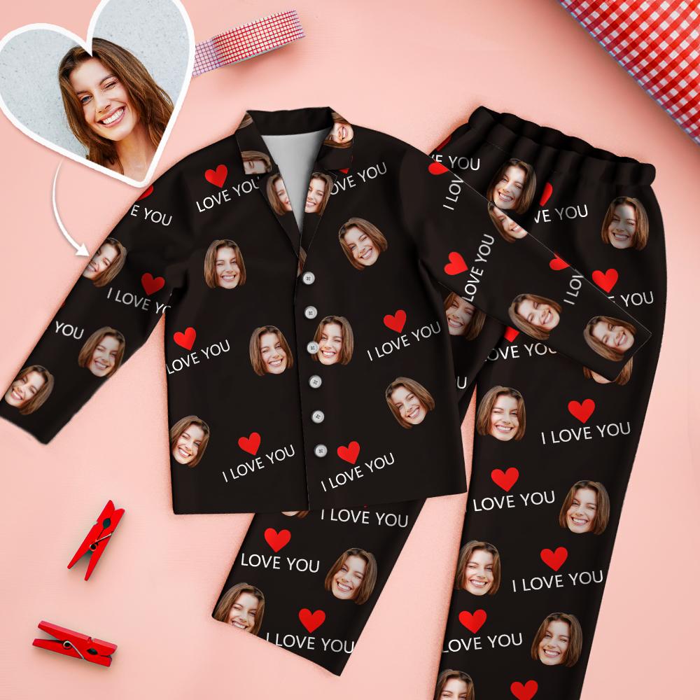 Custom Face 'Love You' black pyjamas set – personalised face printed on long‑sleeve button‑up top with lapel collar and matching elastic‑waist trousers, unisex couple sleepwear