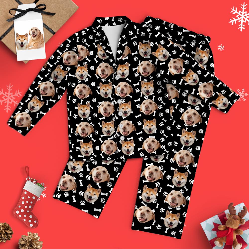 Matching pyjama set laid flat showing notched lapel button shirt and elastic drawstring waist trousers of personalised pyjamas