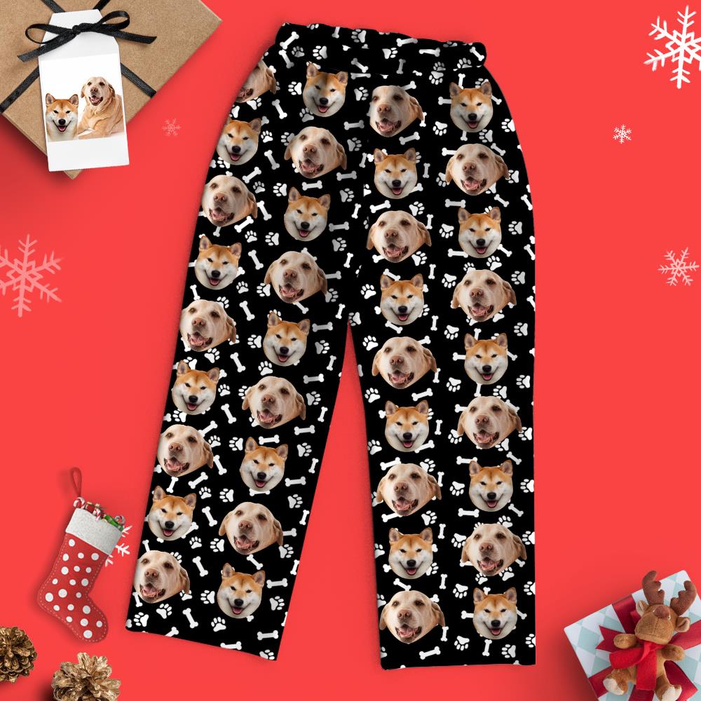 Close-up of personalised dog face and bones print on soft stretch fabric of Custom Face Pyjamas