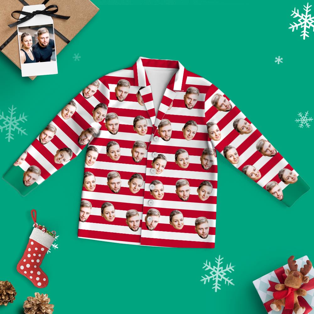 Couple wearing personalised red and white stripe pyjamas — matching two-piece set for him and her, cosy unisex design perfect for Christmas or Valentine’s gifts