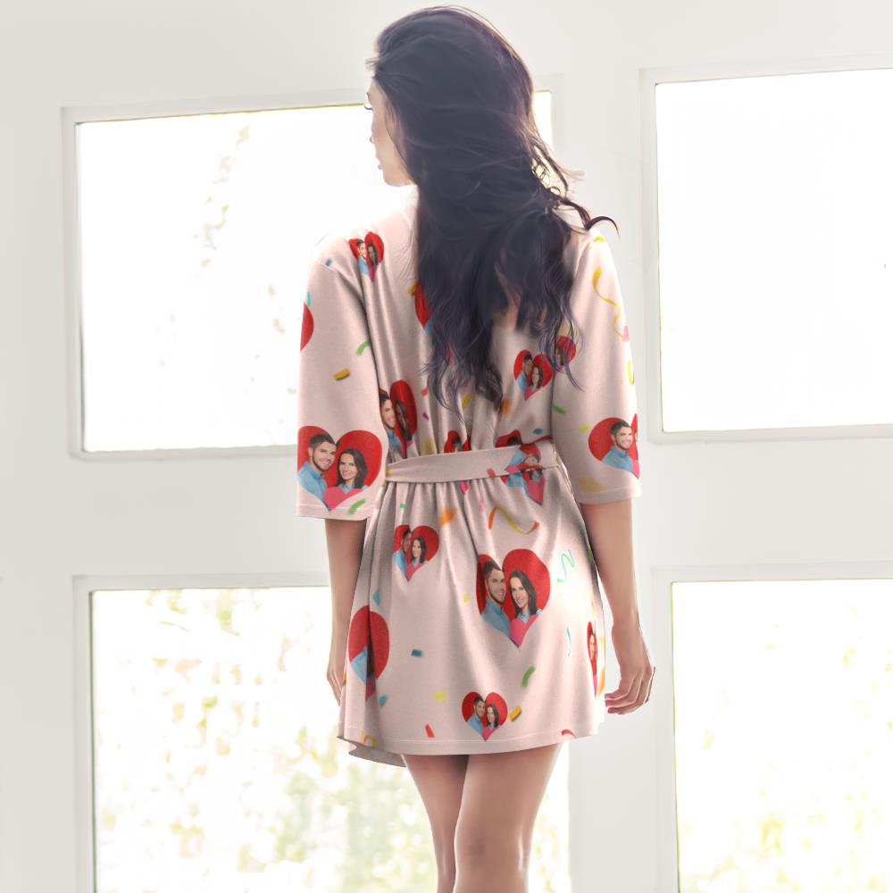 Matching personalised photo pyjamas set with women’s short kimono robe in a custom couple sleepwear design, perfect for bridal morning, hen do or thoughtful gifts
