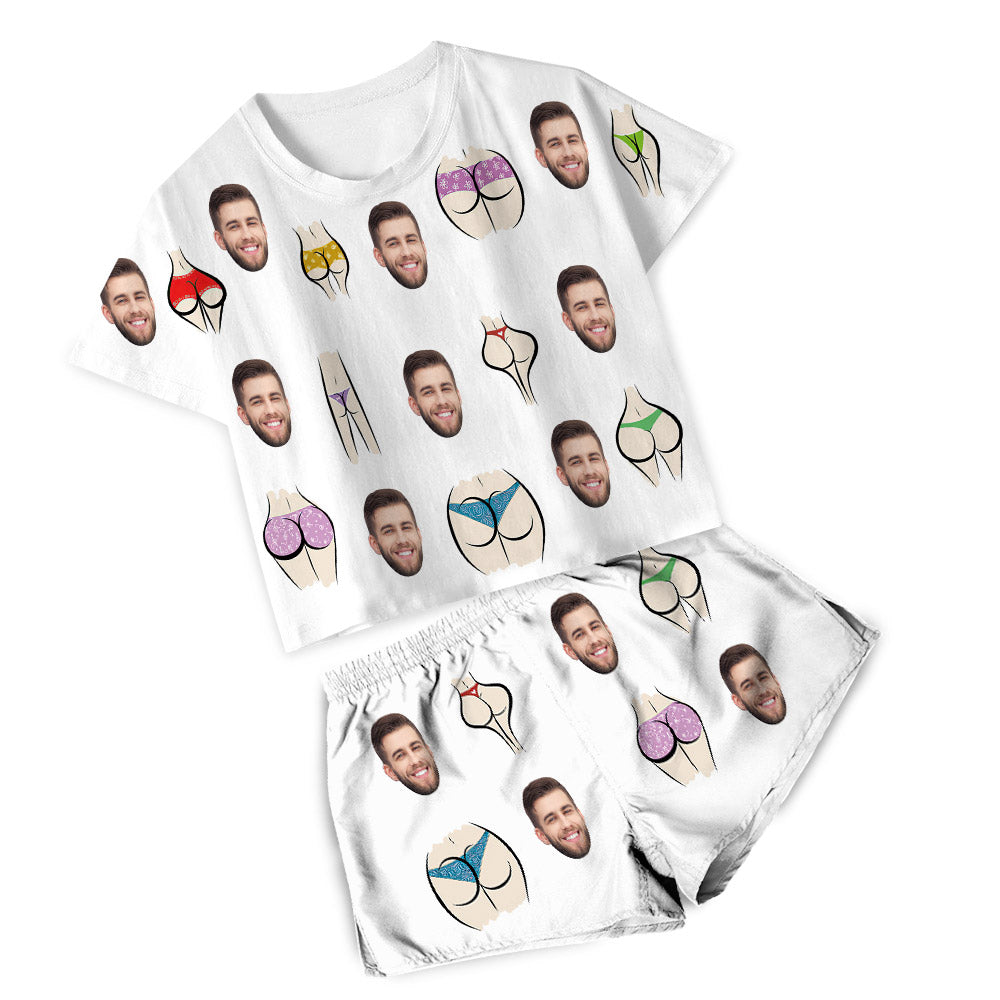 Personalised colourful women’s short pyjama set with custom face photo print on smooth polyester — made-to-order sleepwear gift for her