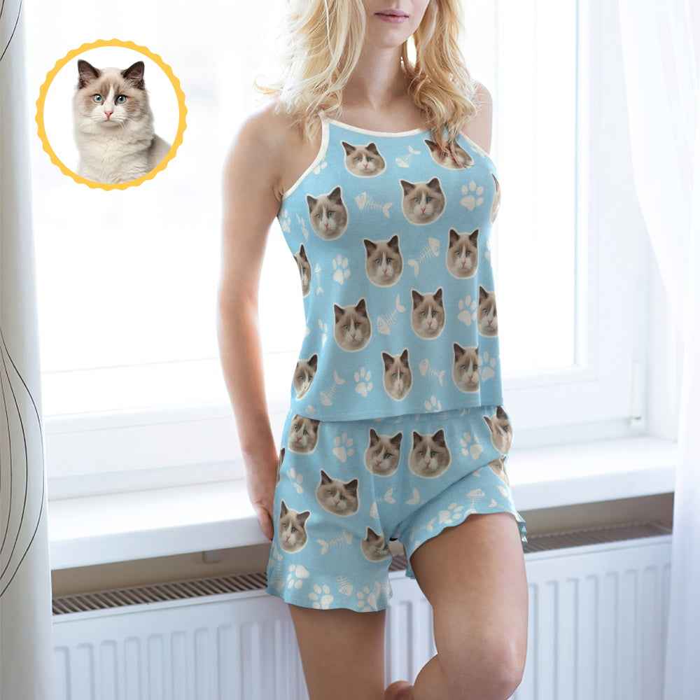 Custom Face Shorty Pajama Shorts Cute Cat Photo Summer Strap Pajamas
