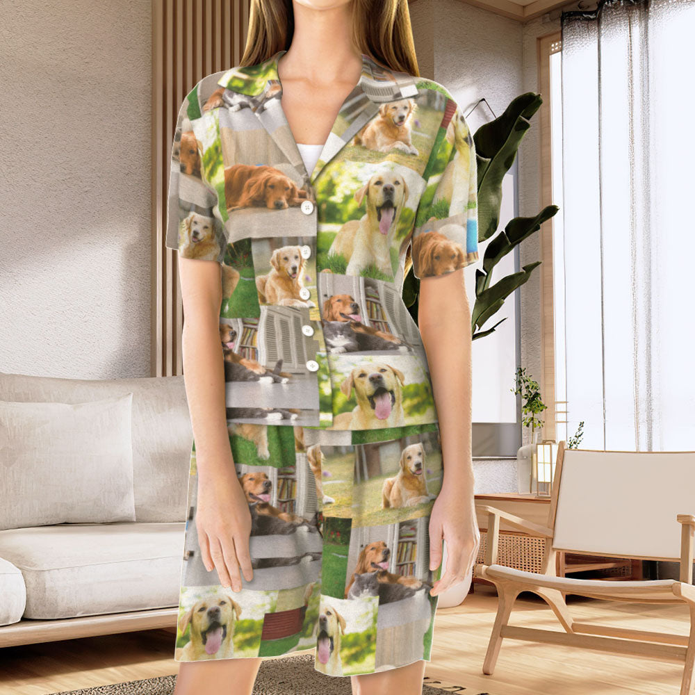 Side view of personalised short-sleeve pyjamas with matching shorts, elastic drawstring waist and relaxed unisex fit
