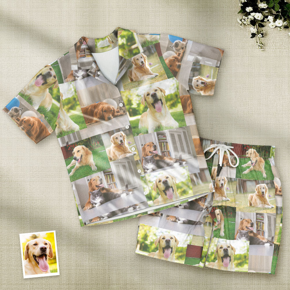 Front view of personalised short-sleeve pyjama set printed with up to 5 custom photos on matching shirt and drawstring shorts