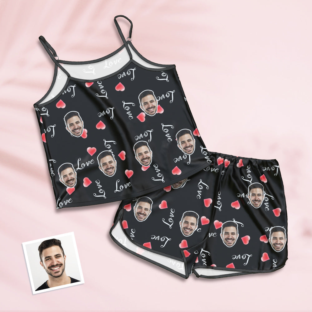 Personalised Face Suspender Sleepwear Set 'Love' front view of summer camisole and matching shorts with adjustable shoulder straps and soft stretch fabric