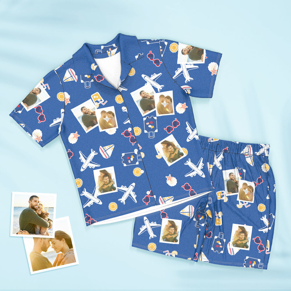 Personalised photo pyjamas short‑sleeved unisex set with full‑photo print – custom travel pyjamas for men & women, front‑button shirt and drawstring waist trousers