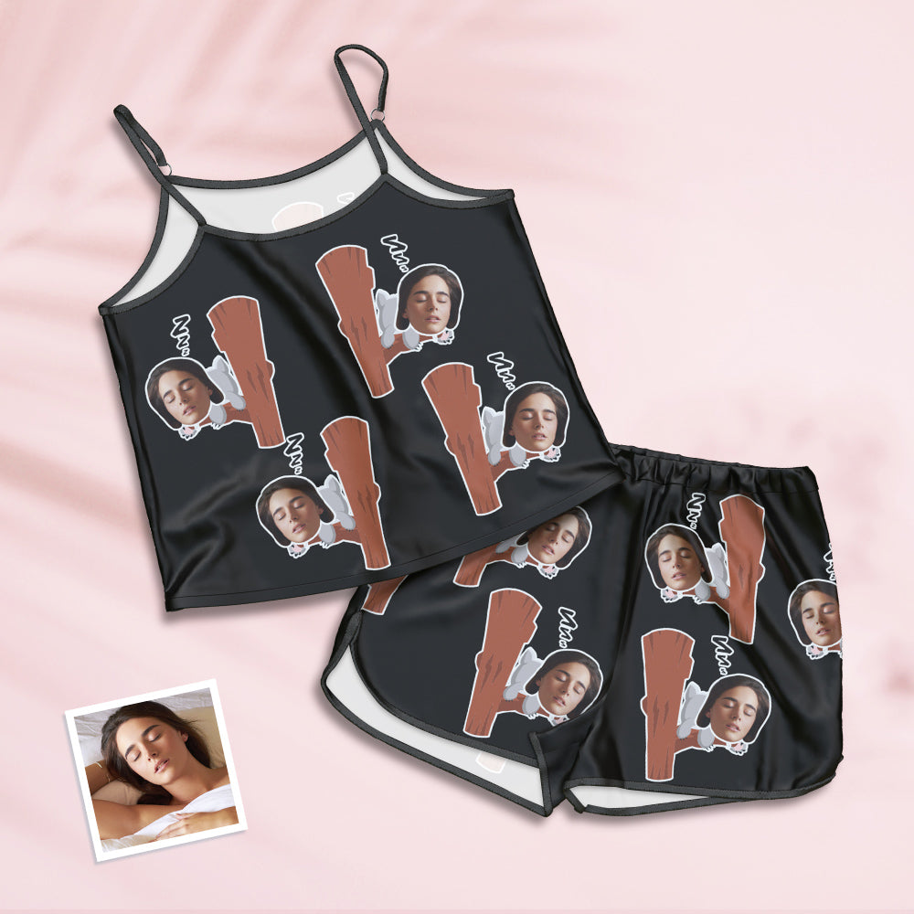White personalised face pyjamas suspender cami and shorts set with koala print, front view showing adjustable straps and soft stretch fabric — ideal personalised lingerie gift