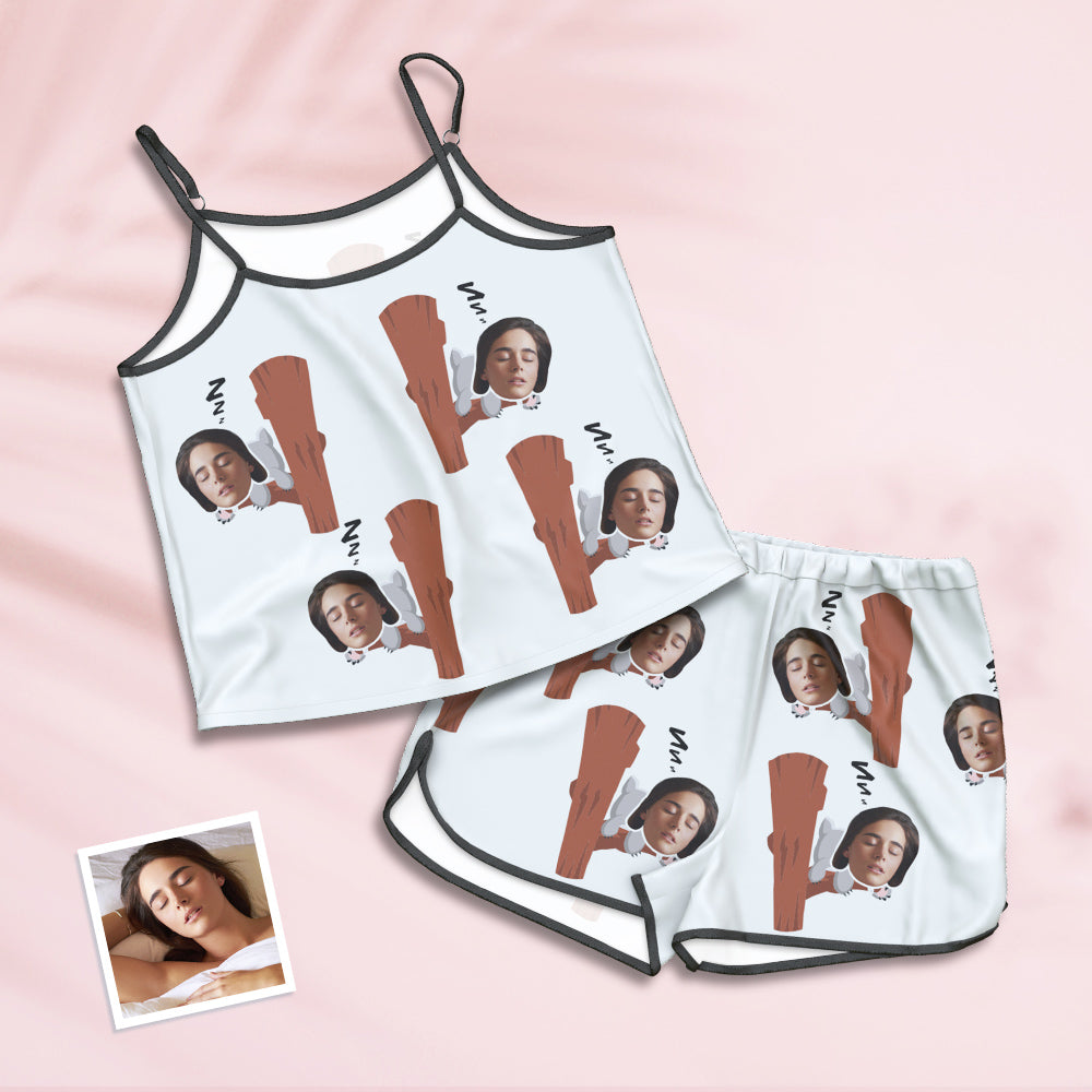White personalised face pyjamas suspender cami and shorts set with koala print, front view showing adjustable straps and soft stretch fabric — ideal personalised lingerie gift