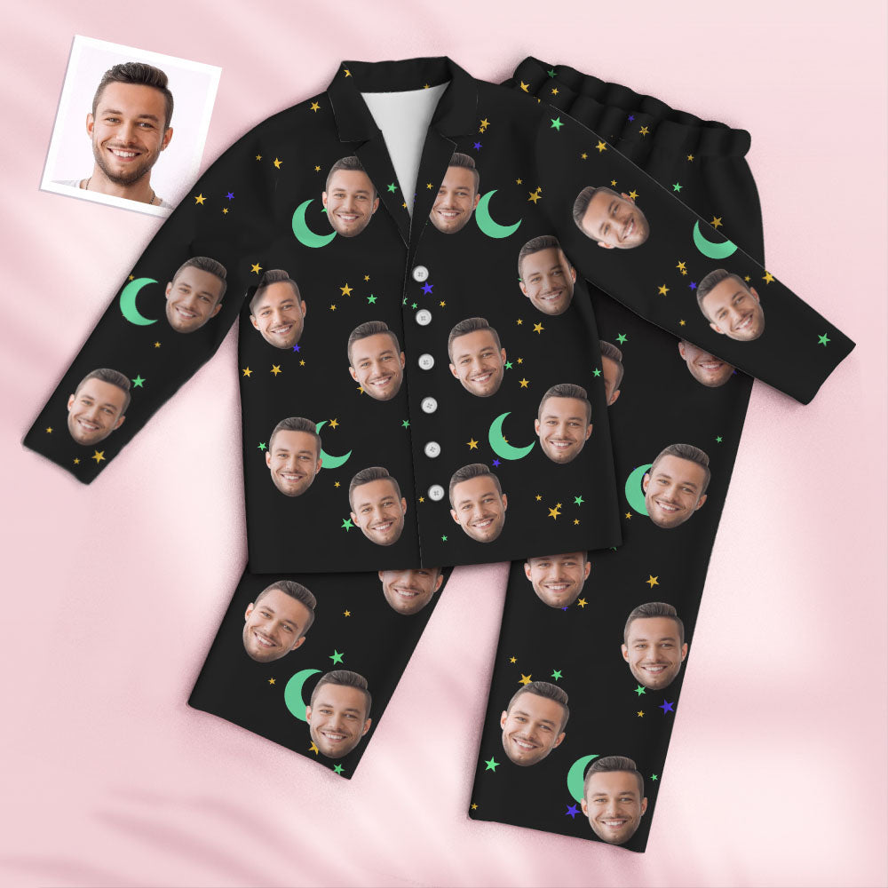 Flat-lay of full personalised starry sky pyjama set — custom photo face pyjamas made to order