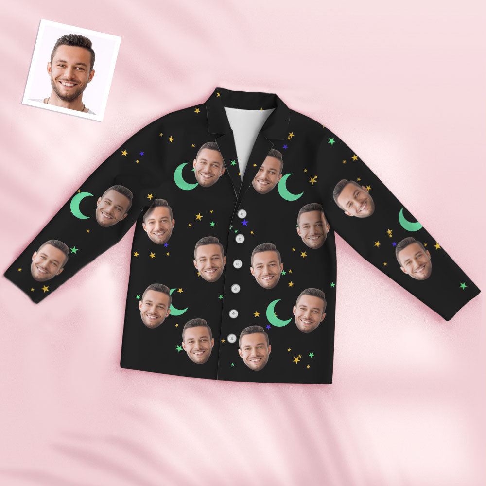 Flat-lay of full personalised starry sky pyjama set — custom photo face pyjamas made to order