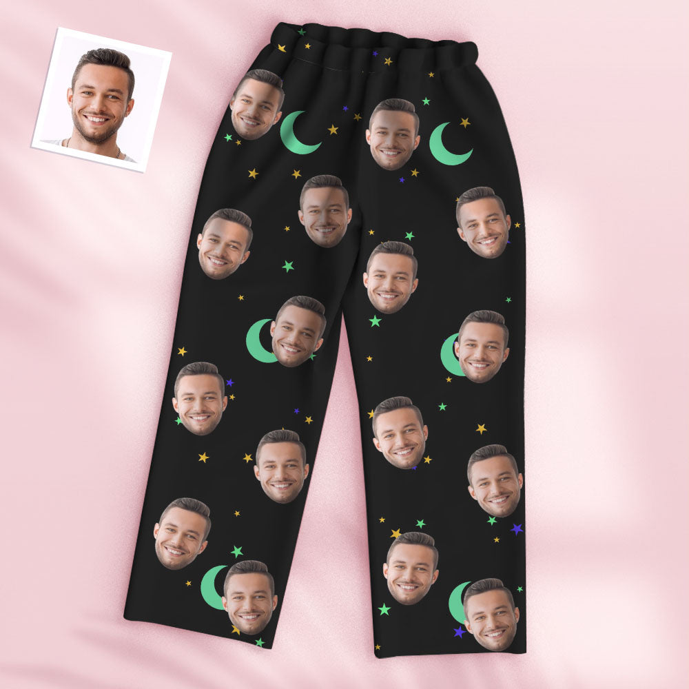 Close-up of personalised face print on starry sky pyjamas — crisp cut-out, high-quality custom photo print