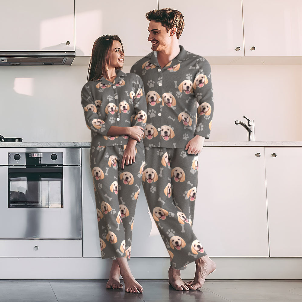 Back view of personalised photo face pyjamas highlighting seamless all‑over custom print and comfortable tailoring