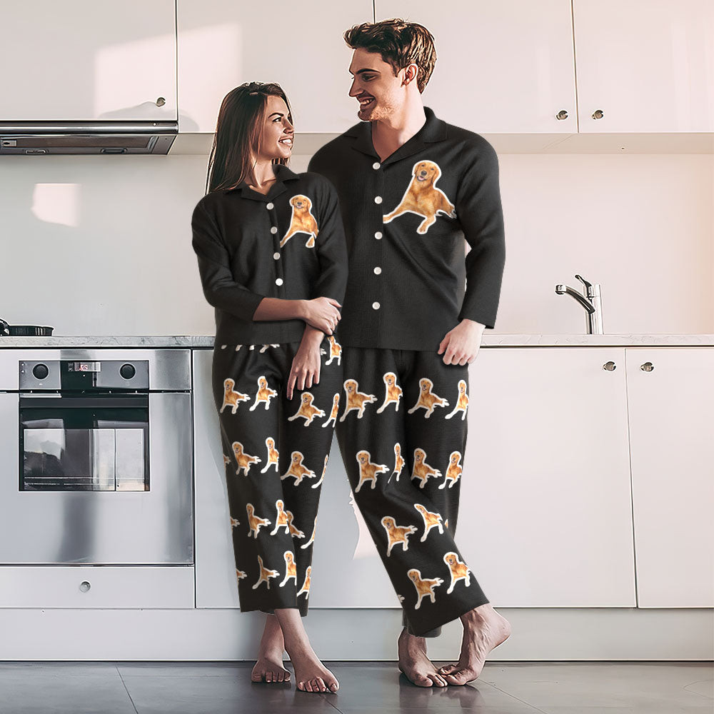 Close-up of personalised pet face print on stretch fabric — vibrant all-over print Custom Photo Pyjamas