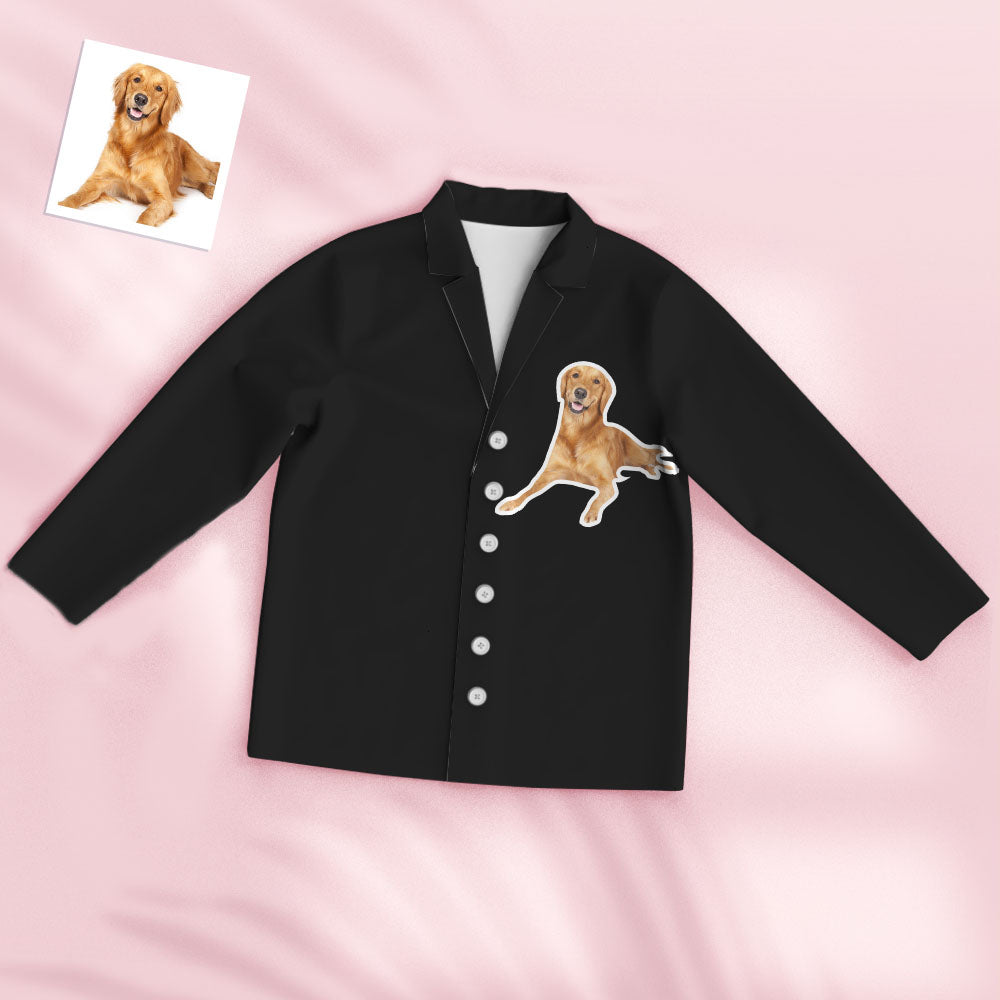 Model wearing unisex personalised pyjama set with customised pet face — fun personalised pyjamas gift for him and her