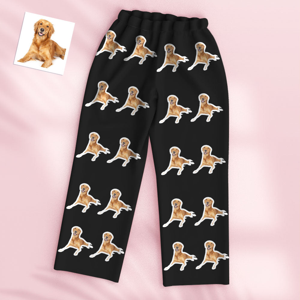 Custom Photo Pyjamas laid flat showing personalised pet face top and matching bottoms — novelty unisex sleepwear