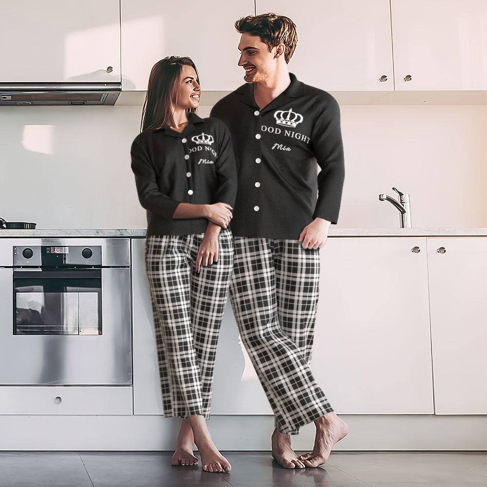 Full personalised pyjama set laid flat displaying lattice pattern with multiple custom face prints — personalised sleepwear for men and women