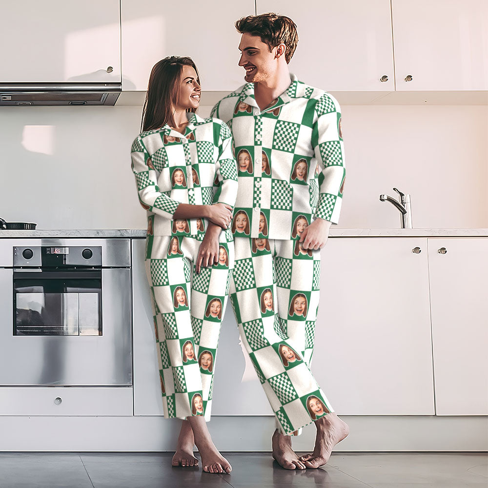 Back view of Funny Lattice Unisex Pyjamas showing seamless custom face placement and stretch 97% polyester, 3% spandex fabric