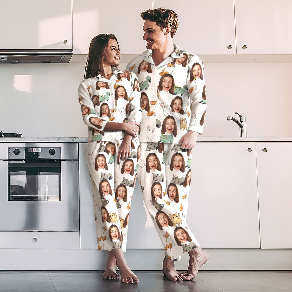Detail shot of custom cat face pyjamas fabric and print quality — personalised face cutout on cartoon cat print, perfect custom photo pyjamas for birthdays.