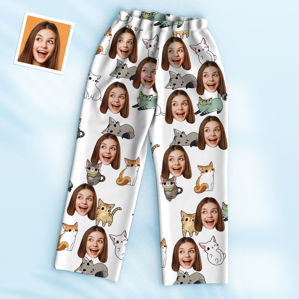 Close-up of personalised face pyjamas showing custom photo face cutout and playful cartoon cat design, stretchy 3% spandex for comfortable unisex sleepwear.