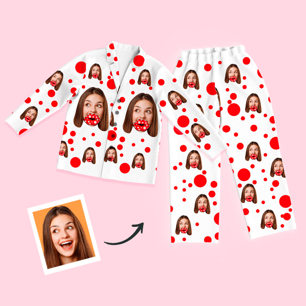 Unisex long-sleeve modal pyjamas set with personalised face photo and red lips heart all-over print — button-through top with lapel collar and matching elasticated-waist trousers, ideal personalised photo gift and matching couple pyjamas.