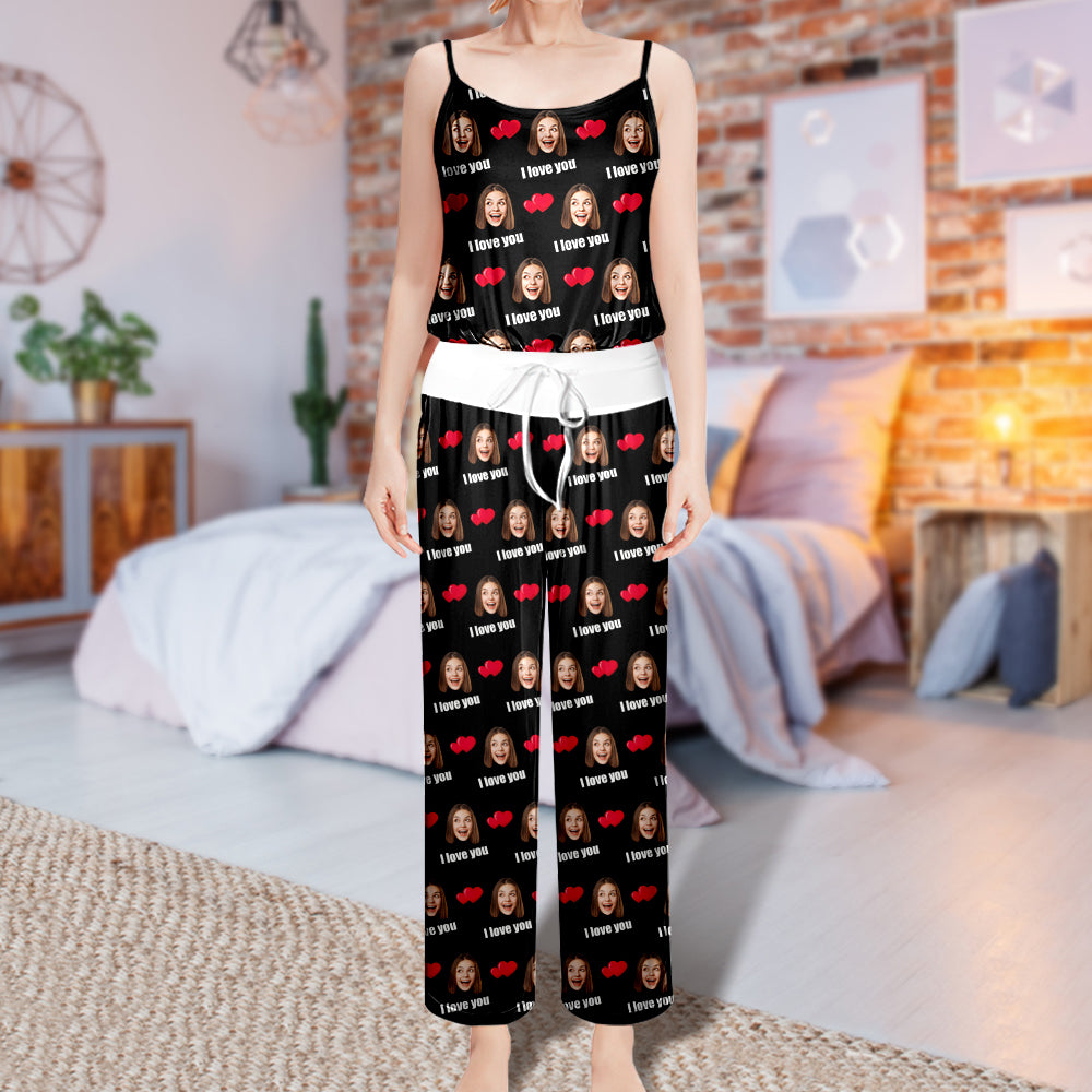 Custom face pyjama top styled view – sleeveless camisole personalised with your photo, ideal cosy nightwear for her