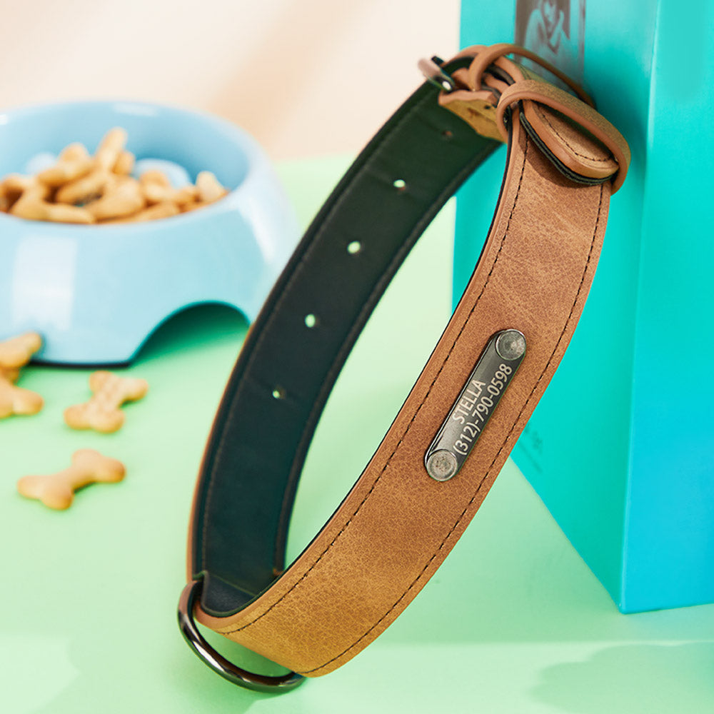 Custom engraved leather dog collar in tan showing personalised name and phone number — soft, durable and stylish personalised dog collar