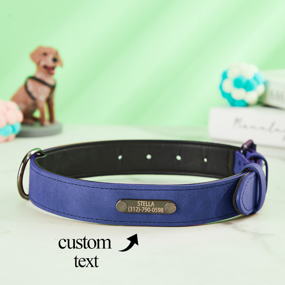 Collection of personalised leather dog collars in multiple colours and sizes, displaying engraving options — ideal personalised dog collar gift