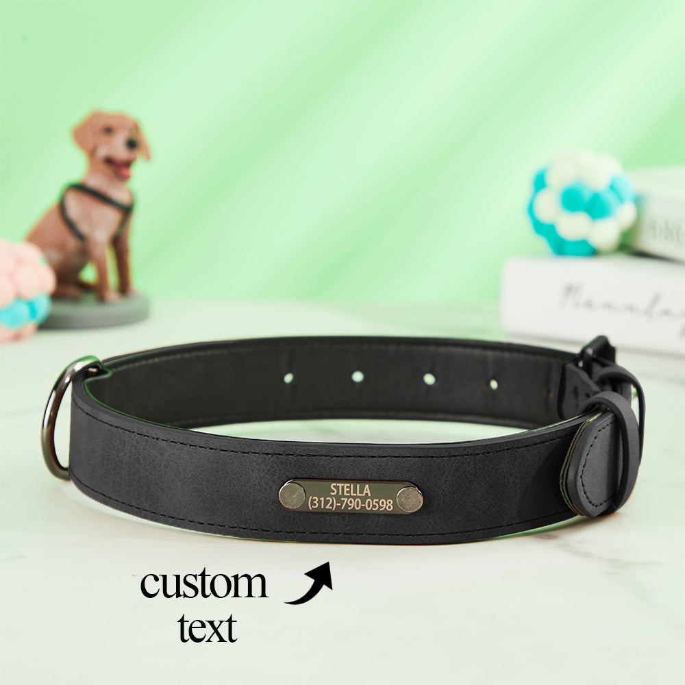 Detail shot of buckle and personalised engraving on a leather dog collar — premium finish on a custom engraved leather dog collar