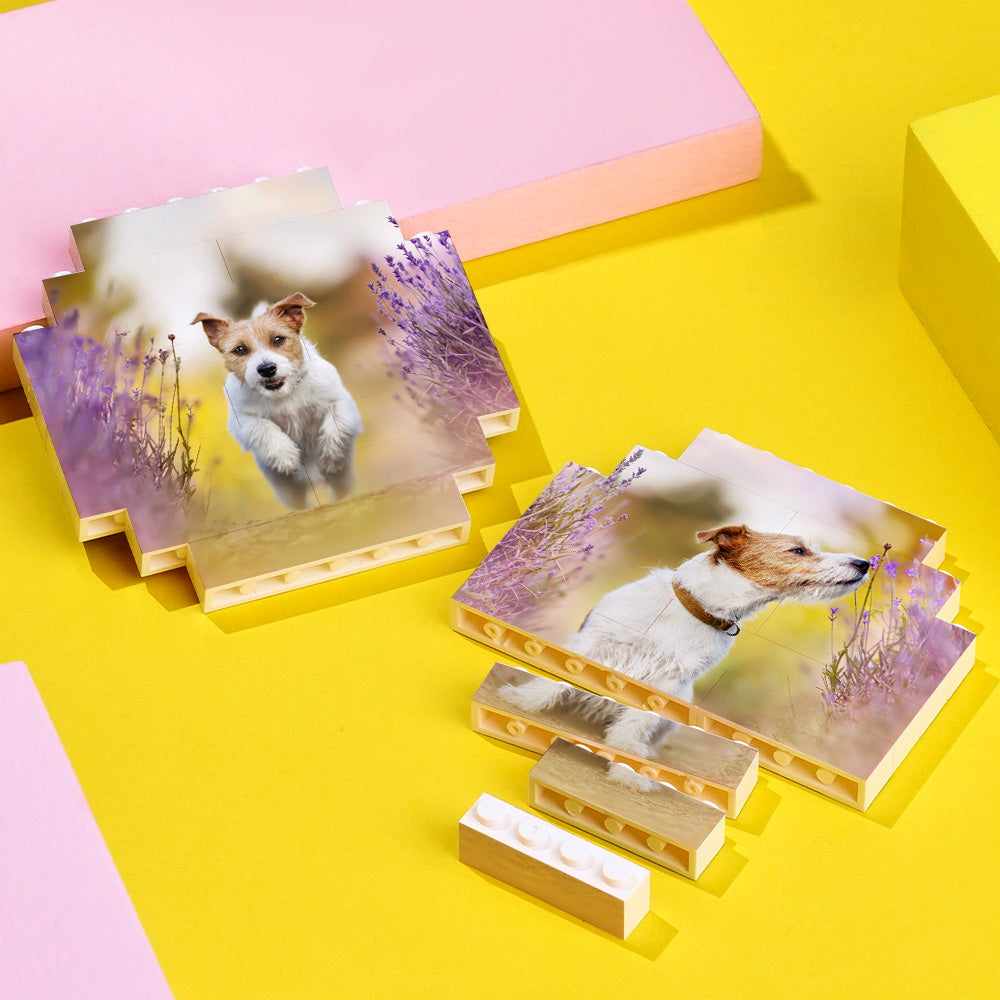 Child building with personalised octagon bricks featuring grandparents' photos – custom photo building blocks that encourage imaginative family play