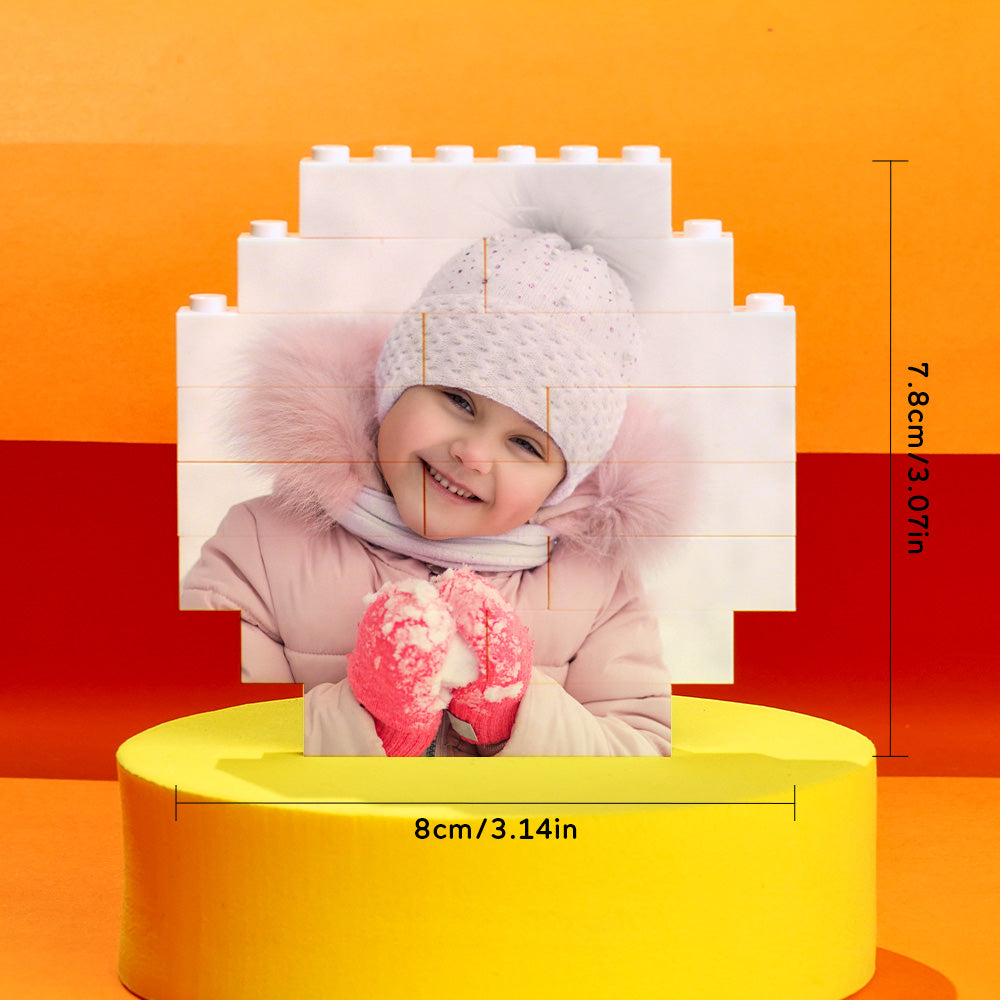 Close-up of a personalised octagon brick showing high-resolution photo print and vivid colour – quality detail of custom photo building blocks