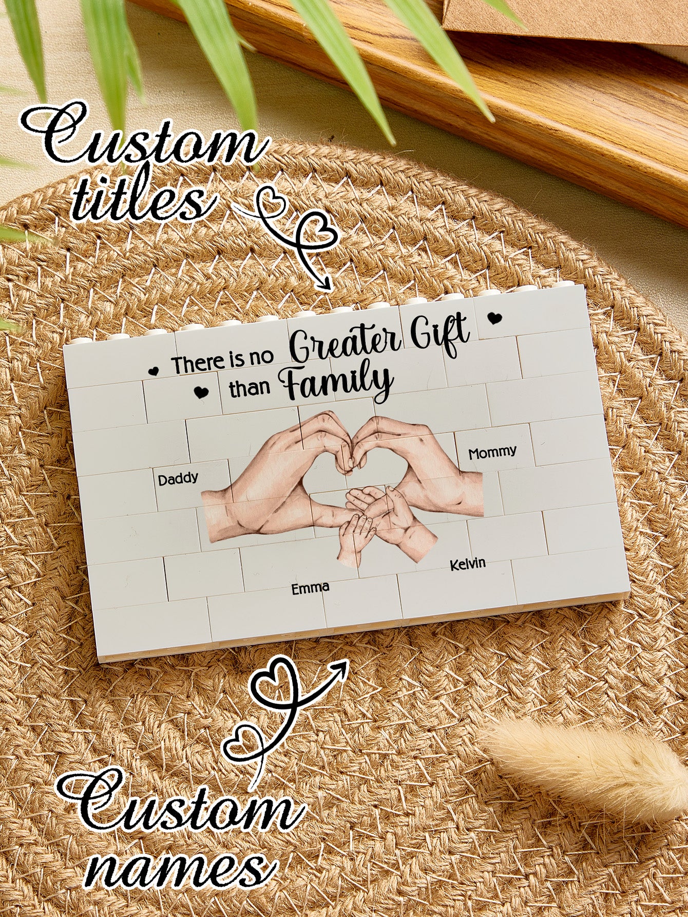 Small personalised building brick family puzzle dimensions and scale example – compact PVC keepsake gift for Mum