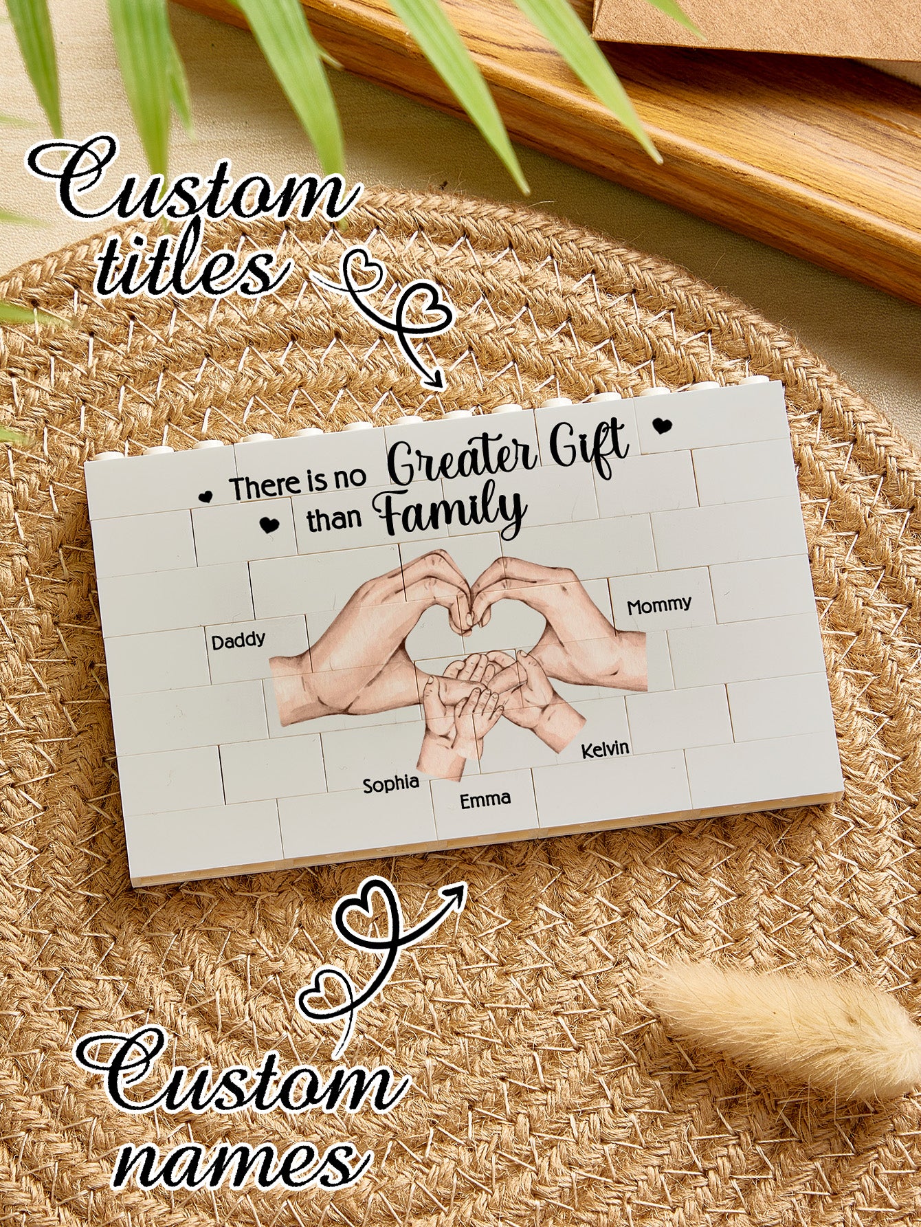 Personalised brick figure family puzzle with one to six children options illustrated – custom family gift for Mum or Grandma